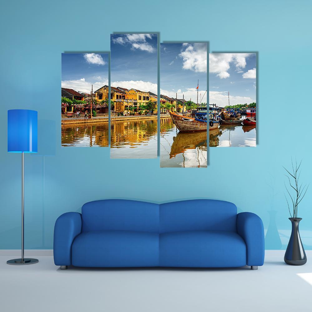 Wooden Boats On Thu Bon River Canvas Wall Art-4 Pop-Gallery Wrap-50" x 32"-Tiaracle