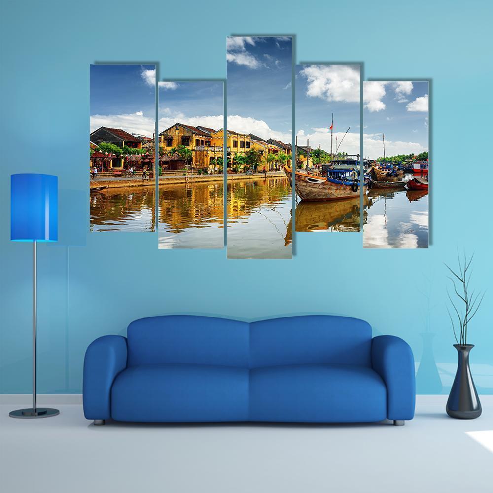 Wooden Boats On Thu Bon River Canvas Wall Art-5 Pop-Gallery Wrap-47" x 32"-Tiaracle
