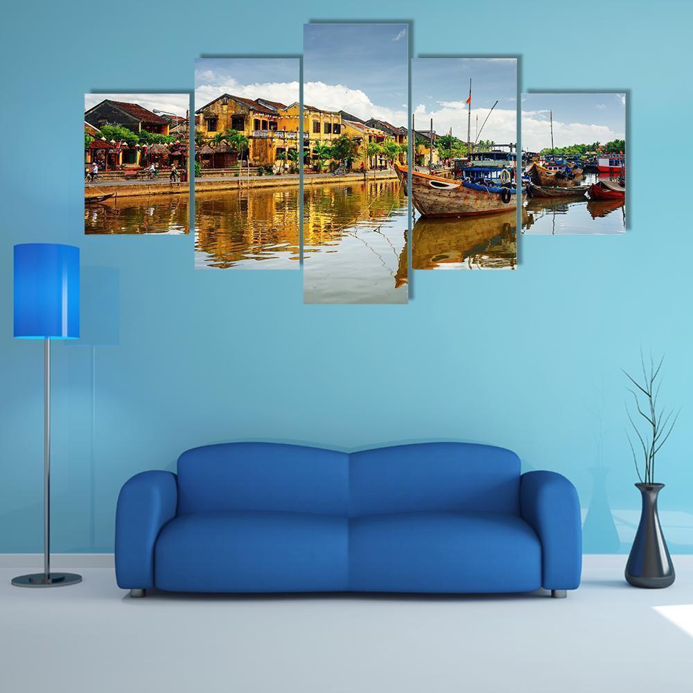 Wooden Boats On Thu Bon River Canvas Wall Art-5 Star-Gallery Wrap-62" x 32"-Tiaracle
