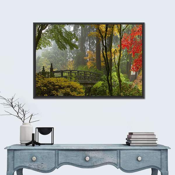 Wooden Bridge at Japanese Garden Canvas Wall Art in brown, yellow and green, framed canvas, product view on a white background