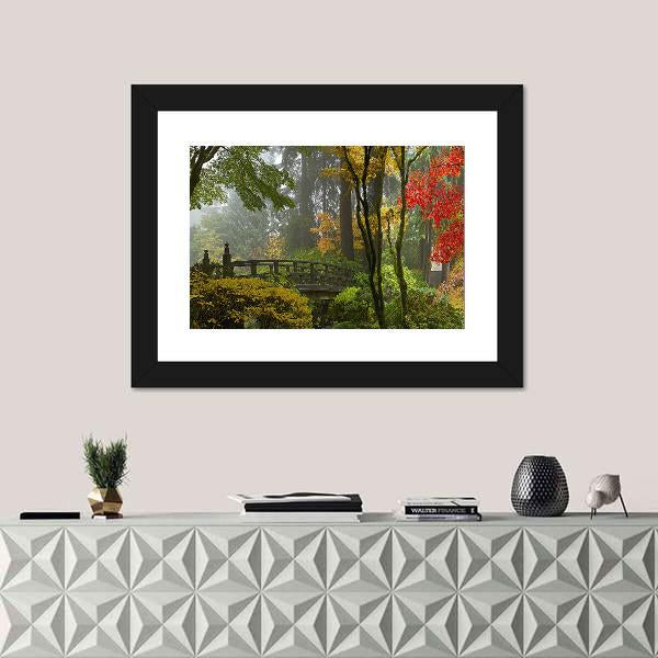 Wooden Bridge at Japanese Garden Canvas Wall Art in brown, yellow and green, 3 panel horizontal set hung on a wall
