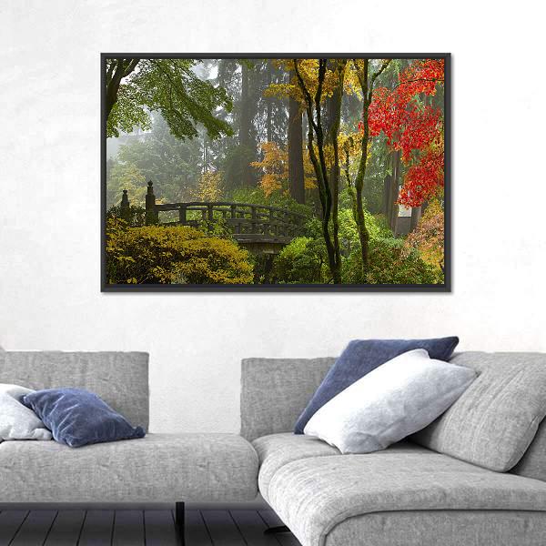 Wooden Bridge At Japanese Garden Canvas Wall Art-5 Horizontal-Gallery Wrap-22" x 12"-Tiaracle