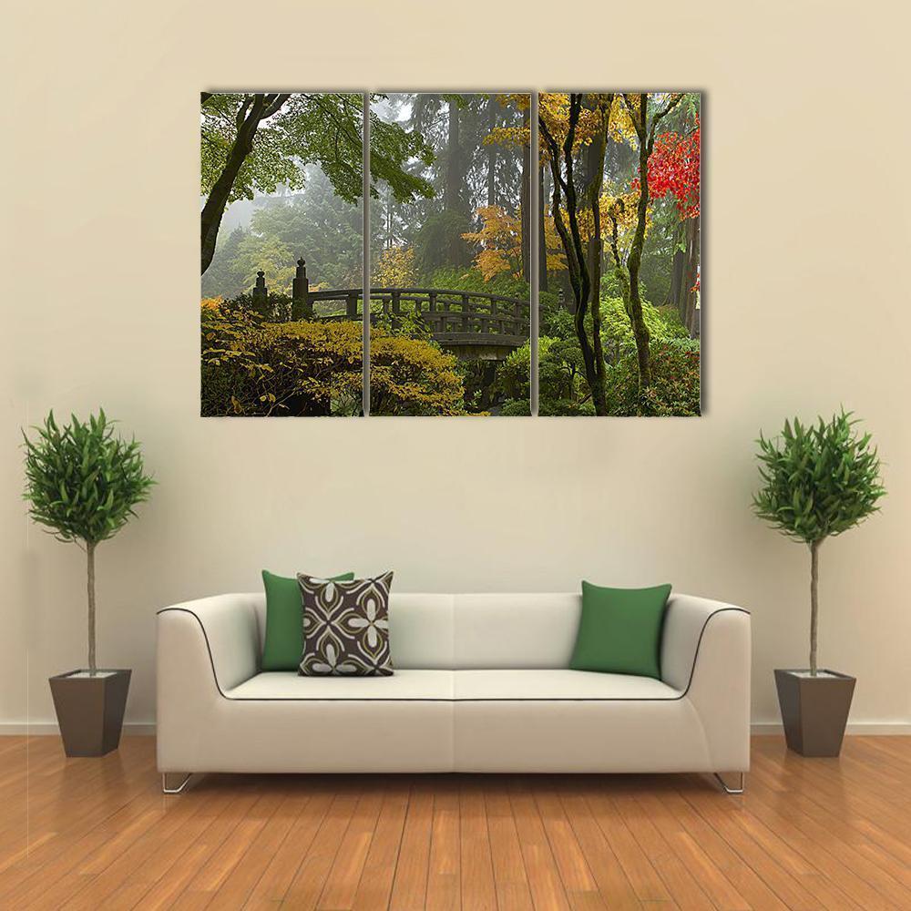 Wooden Bridge At Japanese Garden Canvas Wall Art-3 Horizontal-Gallery Wrap-37" x 24"-Tiaracle