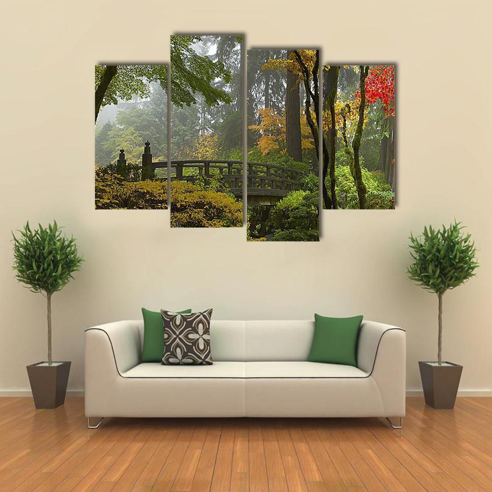 Wooden Bridge at Japanese Garden Canvas Wall Art in brown, yellow and green, 3 panel horizontal set hung on a wall
