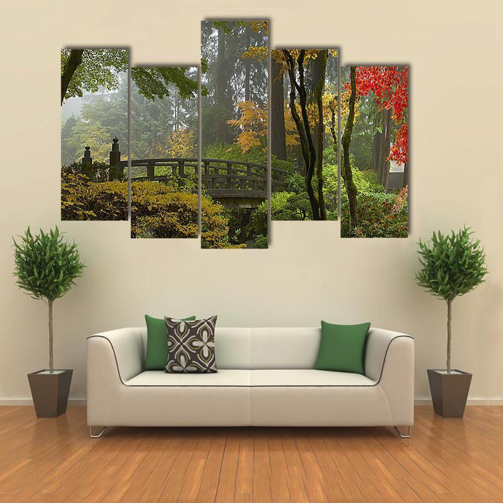 Wooden Bridge at Japanese Garden Canvas Wall Art in brown, yellow and green, 5 panel Pop layout hung on a wall