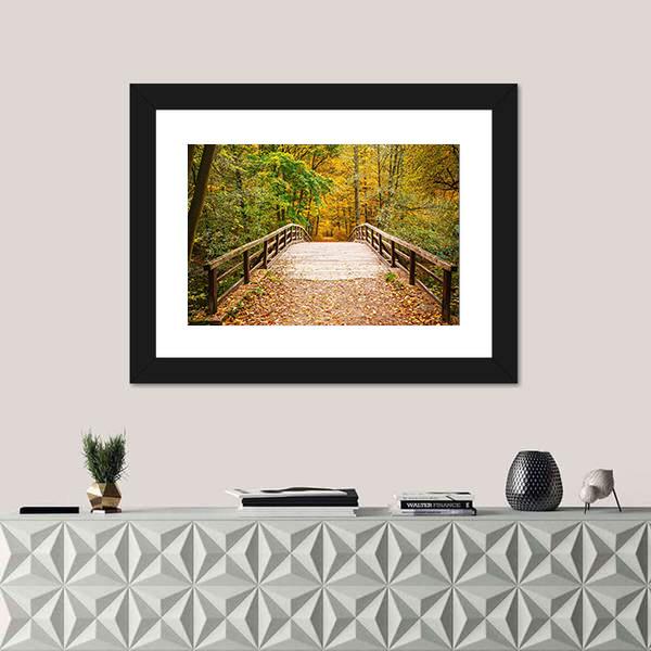 Wooden Bridge In The Autumn Forest Canvas Wall Art-1 Piece-Framed Print-20" x 16"-Tiaracle