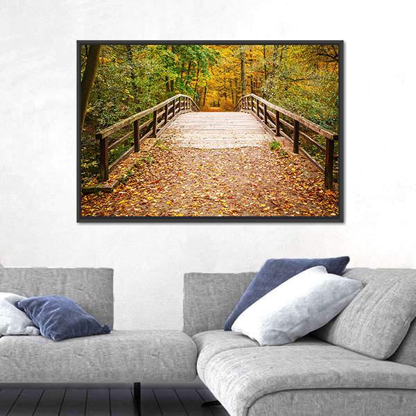 Wooden Bridge In The Autumn Forest Canvas Wall Art-3 Horizontal-Gallery Wrap-25" x 16"-Tiaracle