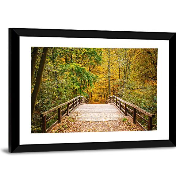 Wooden Bridge In The Autumn Forest Canvas Wall Art-3 Horizontal-Gallery Wrap-25" x 16"-Tiaracle