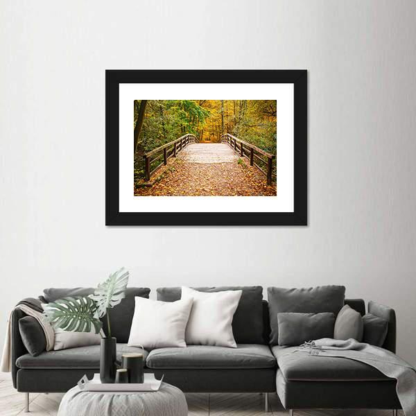 Wooden Bridge In The Autumn Forest Canvas Wall Art-3 Horizontal-Gallery Wrap-25" x 16"-Tiaracle
