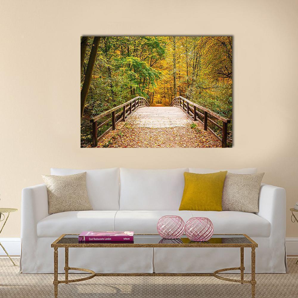 Wooden Bridge In The Autumn Forest Canvas Wall Art-1 Piece-Gallery Wrap-48" x 32"-Tiaracle