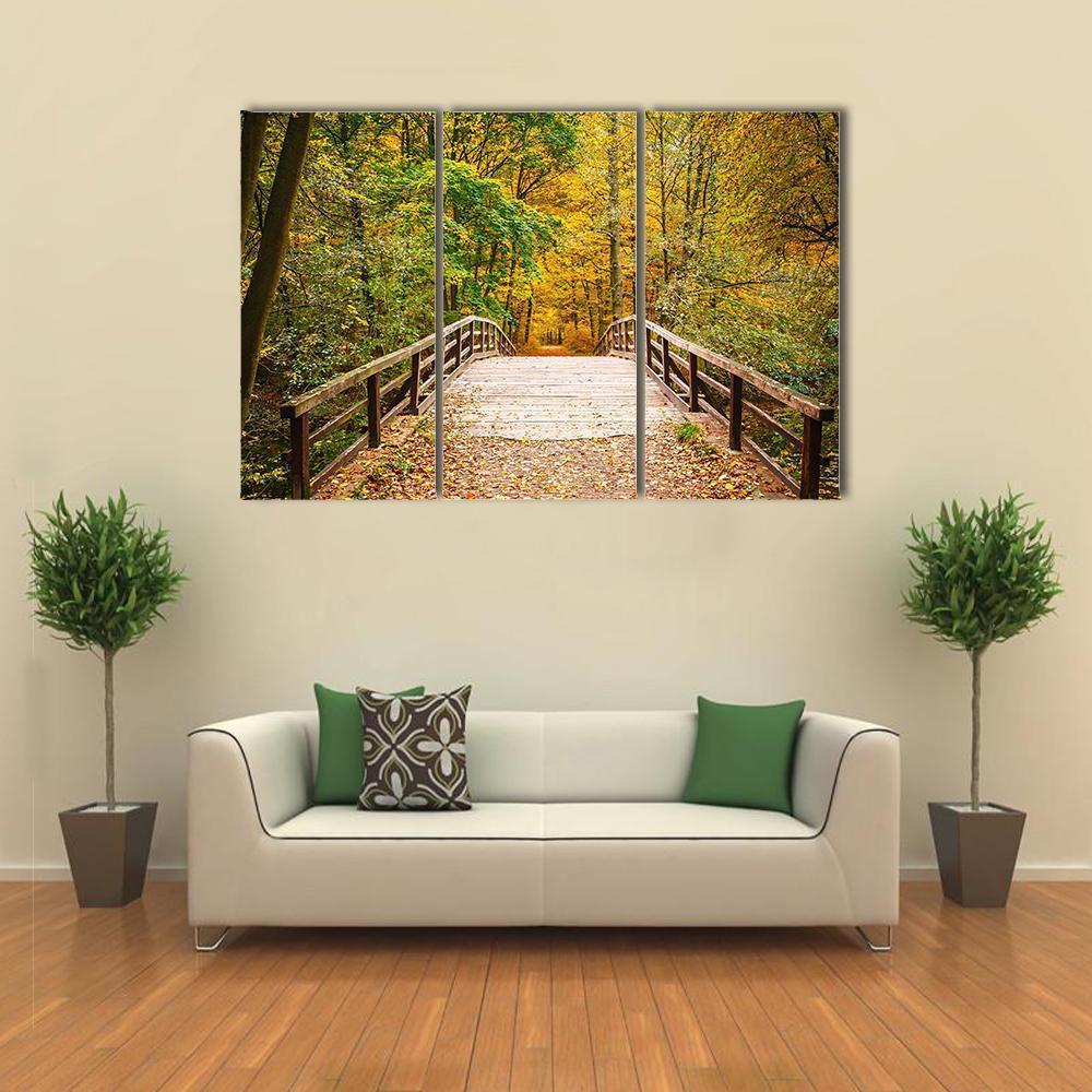 Wooden Bridge In The Autumn Forest Canvas Wall Art-3 Horizontal-Gallery Wrap-37" x 24"-Tiaracle