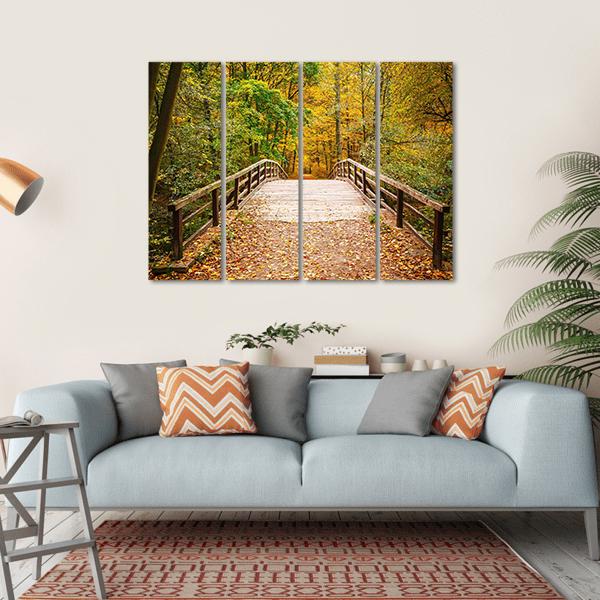 Wooden Bridge In The Autumn Forest Canvas Wall Art-4 Horizontal-Gallery Wrap-34" x 24"-Tiaracle