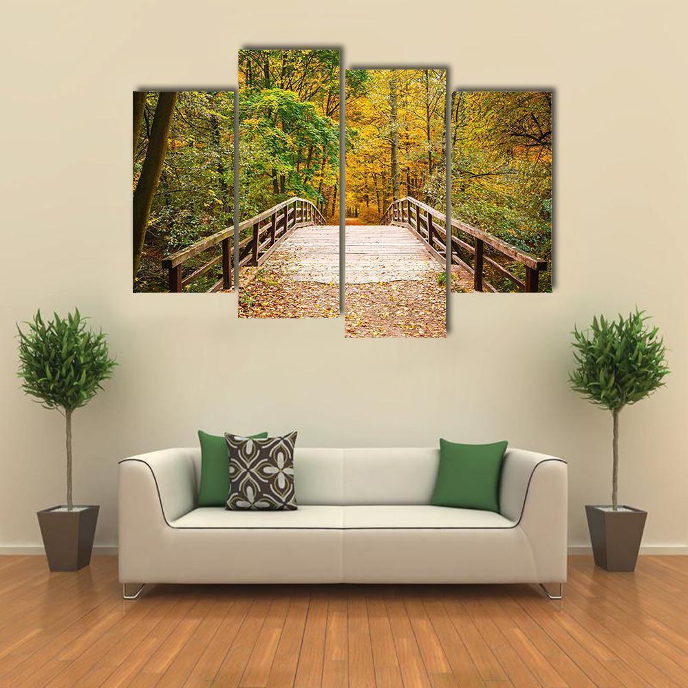 Wooden Bridge In The Autumn Forest Canvas Wall Art-4 Pop-Gallery Wrap-50" x 32"-Tiaracle