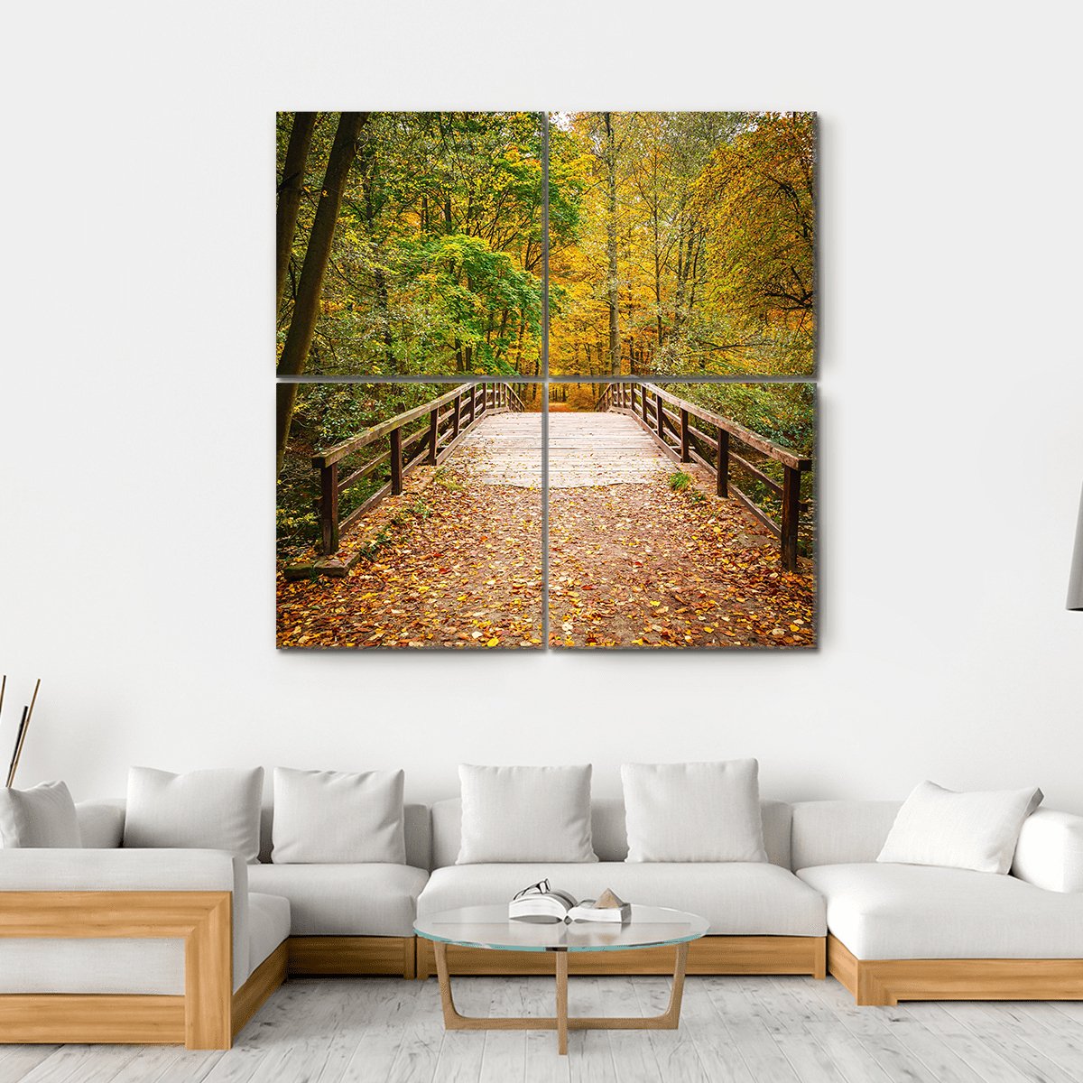 Wooden Bridge In The Autumn Forest Canvas Wall Art-4 Square-Gallery Wrap-17" x 17"-Tiaracle