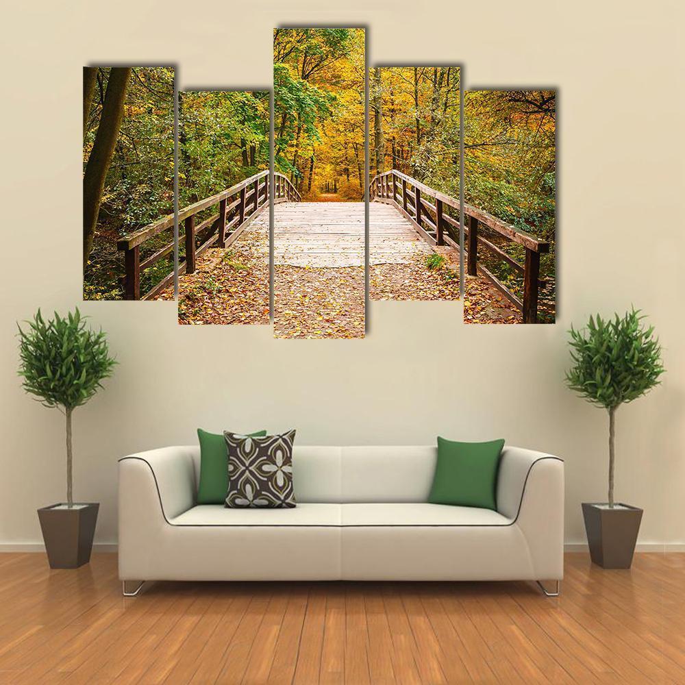 Wooden Bridge In The Autumn Forest Canvas Wall Art-5 Pop-Gallery Wrap-47" x 32"-Tiaracle