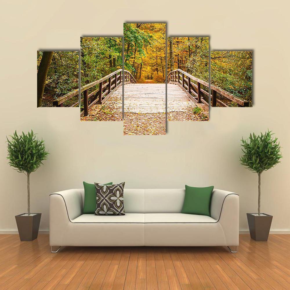 Wooden Bridge In The Autumn Forest Canvas Wall Art-5 Star-Gallery Wrap-62" x 32"-Tiaracle