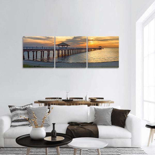 Wooden Bridge Laying To Sea At Sunset Panoramic Canvas Wall Art-3 Piece-25" x 08"-Tiaracle