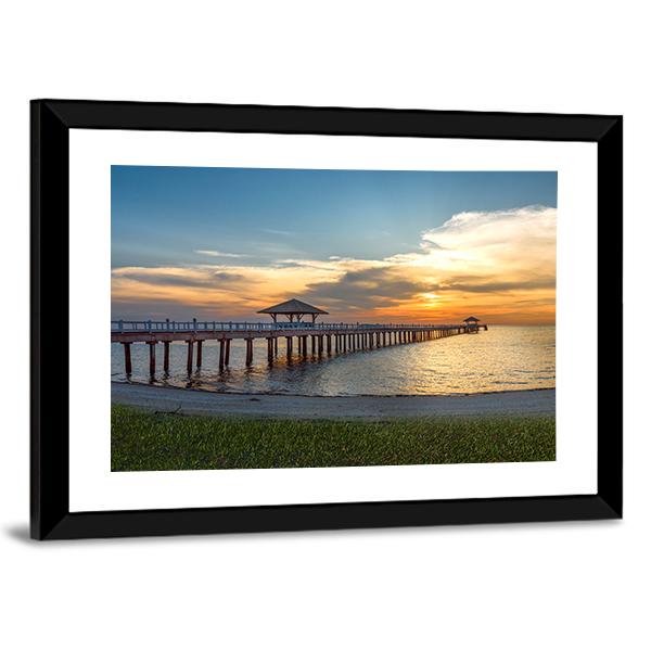 Wooden Bridge Laying To Sea At Sunset Panoramic Canvas Wall Art-1 Piece-36" x 12"-Tiaracle