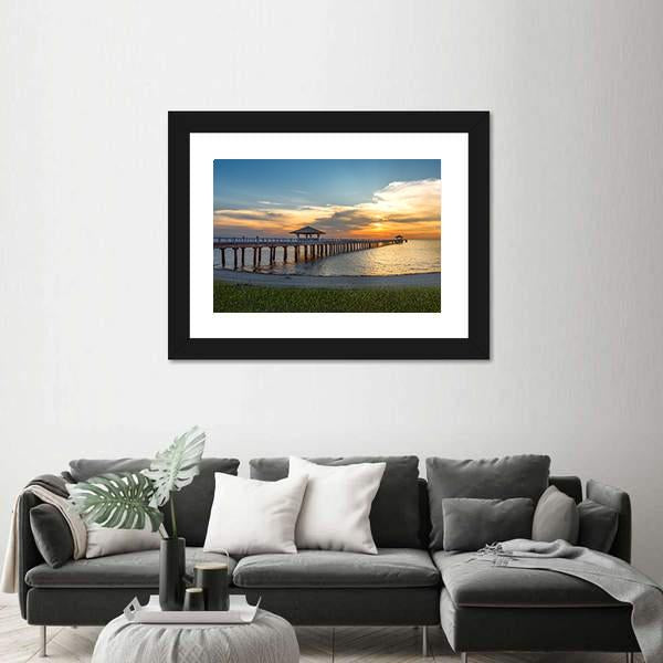Wooden Bridge Laying To Sea At Sunset Panoramic Canvas Wall Art-1 Piece-36" x 12"-Tiaracle