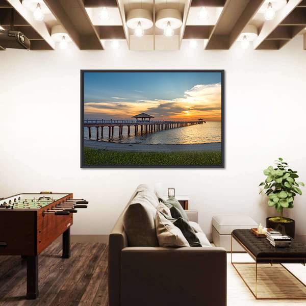 Wooden Bridge Laying To Sea At Sunset Panoramic Canvas Wall Art-1 Piece-36" x 12"-Tiaracle