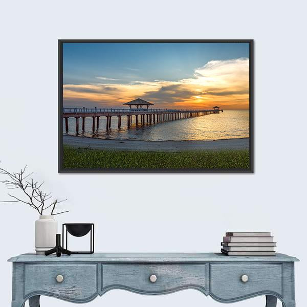 Wooden Bridge Laying To The Sea At Sunset Canvas Wall Art-1 Piece-Floating Frame-24" x 16"-Tiaracle