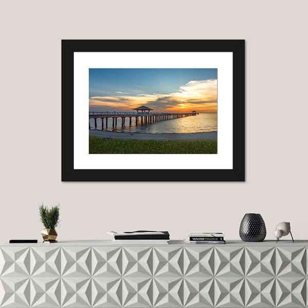 Wooden Bridge Laying To The Sea At Sunset Canvas Wall Art-1 Piece-Framed Print-20" x 16"-Tiaracle