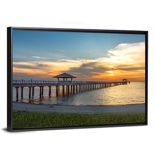 Wooden Bridge Laying To The Sea At Sunset Canvas Wall Art-3 Horizontal-Gallery Wrap-25" x 16"-Tiaracle