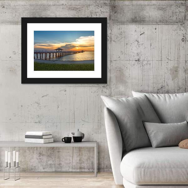 Wooden Bridge Laying To The Sea At Sunset Canvas Wall Art-3 Horizontal-Gallery Wrap-25" x 16"-Tiaracle