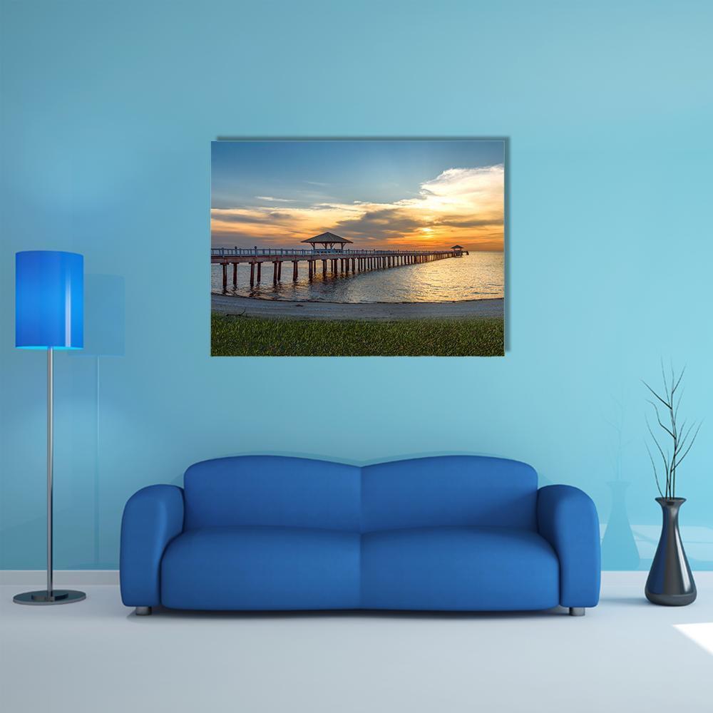 Wooden Bridge Laying To The Sea At Sunset Canvas Wall Art-1 Piece-Gallery Wrap-48" x 32"-Tiaracle