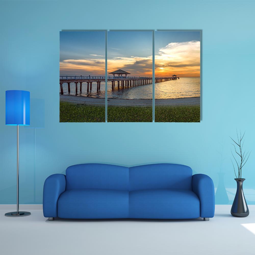 Wooden Bridge Laying To The Sea At Sunset Canvas Wall Art-3 Horizontal-Gallery Wrap-37" x 24"-Tiaracle