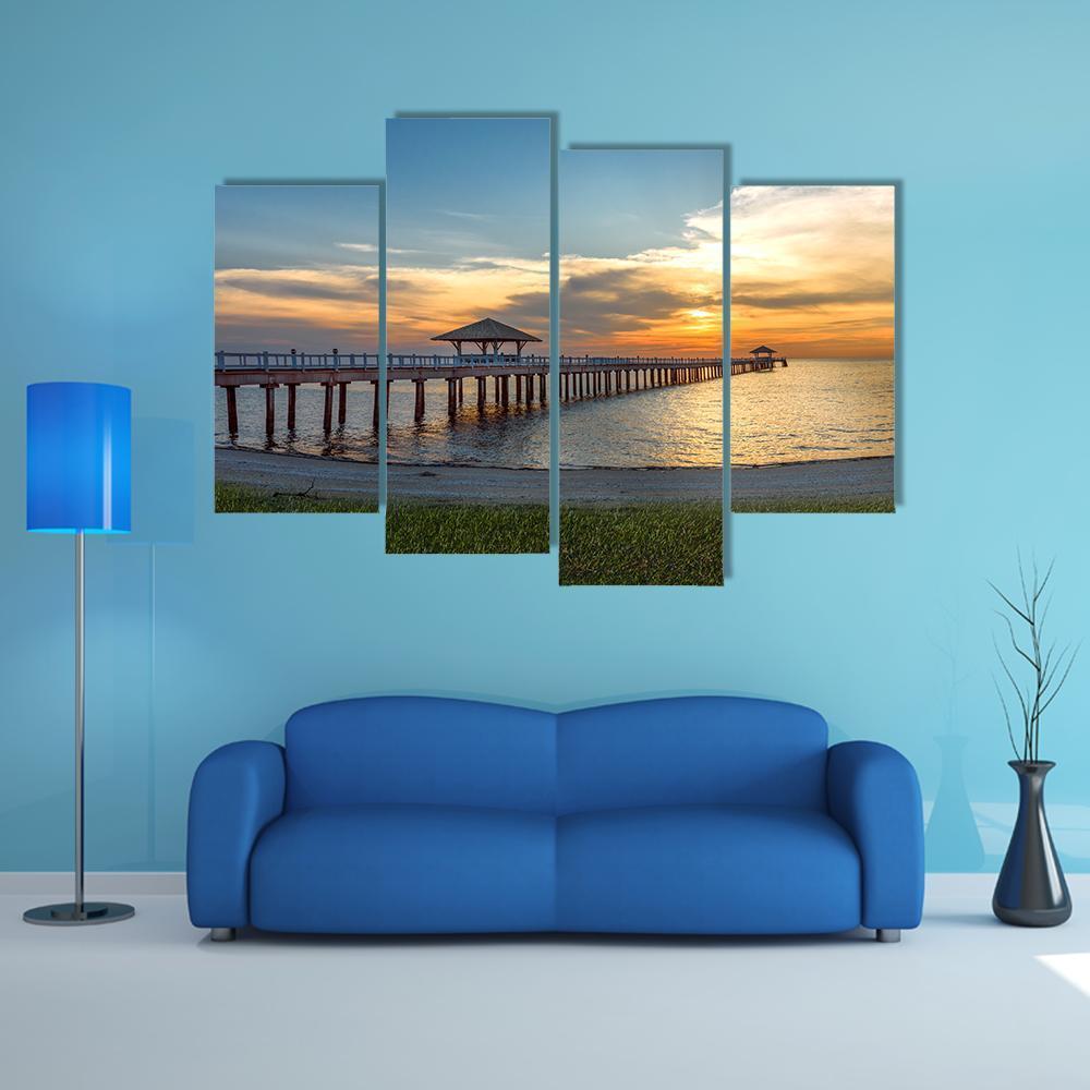 Wooden Bridge Laying To The Sea At Sunset Canvas Wall Art-4 Pop-Gallery Wrap-50" x 32"-Tiaracle