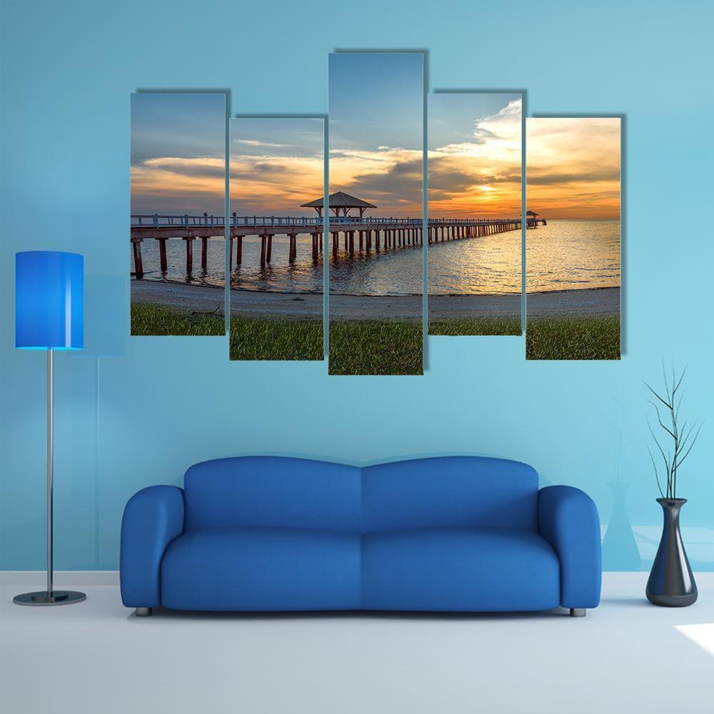 Wooden Bridge Laying To The Sea At Sunset Canvas Wall Art-5 Pop-Gallery Wrap-47" x 32"-Tiaracle