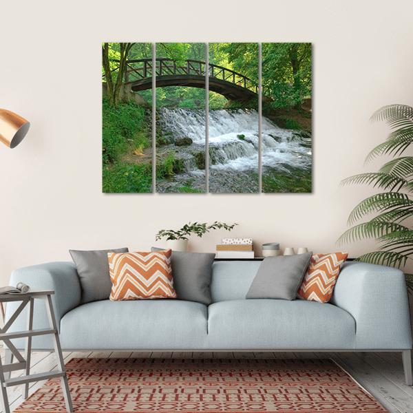 Wooden Bridge Over Small Waterfall Canvas Wall Art-4 Horizontal-Gallery Wrap-34" x 24"-Tiaracle