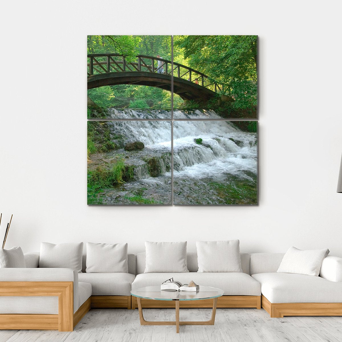 Wooden Bridge Over Small Waterfall Canvas Wall Art-4 Square-Gallery Wrap-17" x 17"-Tiaracle