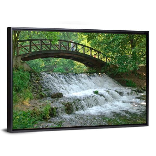 Wooden Bridge Over Small Waterfall Canvas Wall Art-3 Horizontal-Gallery Wrap-25" x 16"-Tiaracle