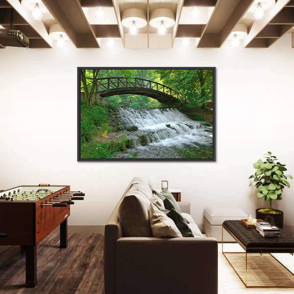 Wooden Bridge Over Small Waterfall Canvas Wall Art-3 Horizontal-Gallery Wrap-25" x 16"-Tiaracle