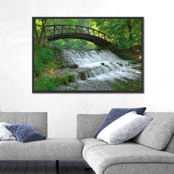 Wooden Bridge Over Small Waterfall Canvas Wall Art-3 Horizontal-Gallery Wrap-25" x 16"-Tiaracle