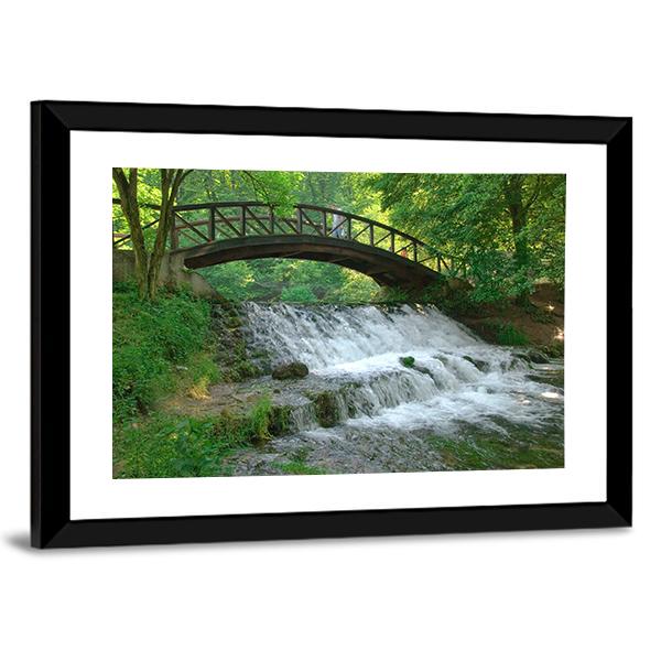 Wooden Bridge Over Small Waterfall Canvas Wall Art-3 Horizontal-Gallery Wrap-25" x 16"-Tiaracle