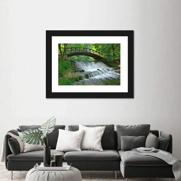 Wooden Bridge Over Small Waterfall Canvas Wall Art-3 Horizontal-Gallery Wrap-25" x 16"-Tiaracle