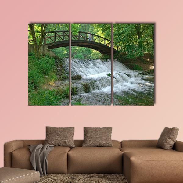 Wooden Bridge Over Small Waterfall Canvas Wall Art-3 Horizontal-Gallery Wrap-37" x 24"-Tiaracle