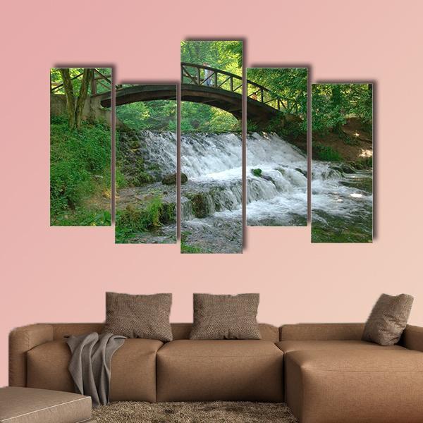 Wooden Bridge Over Small Waterfall Canvas Wall Art-5 Pop-Gallery Wrap-47" x 32"-Tiaracle