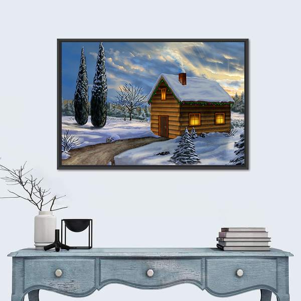 Wooden Cabin In A Snowy Christmas Landscape Canvas Wall Art-1 Piece-Floating Frame-24&quot; x 16&quot;-Tiaracle