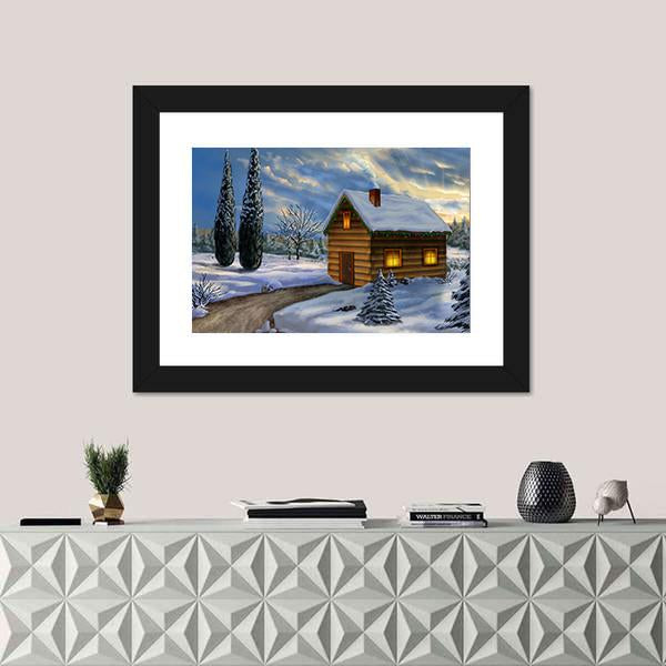 Wooden Cabin In A Snowy Christmas Landscape Canvas Wall Art-1 Piece-Framed Print-20" x 16"-Tiaracle