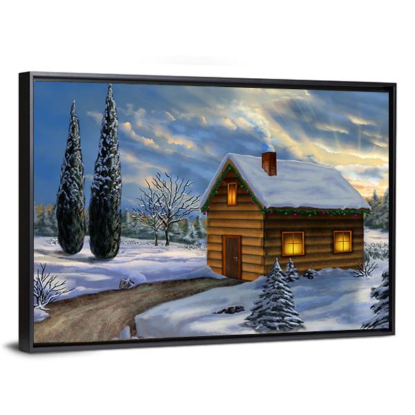 Wooden Cabin In A Snowy Christmas Landscape Canvas Wall Art-3 Horizontal-Gallery Wrap-25&quot; x 16&quot;-Tiaracle