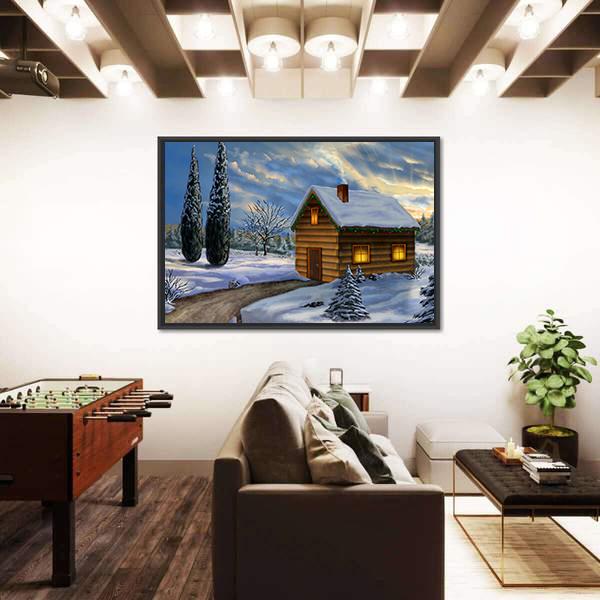 Wooden Cabin In A Snowy Christmas Landscape Canvas Wall Art-3 Horizontal-Gallery Wrap-25&quot; x 16&quot;-Tiaracle