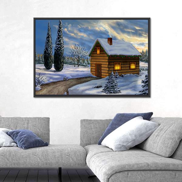 Wooden Cabin In A Snowy Christmas Landscape Canvas Wall Art-3 Horizontal-Gallery Wrap-25&quot; x 16&quot;-Tiaracle