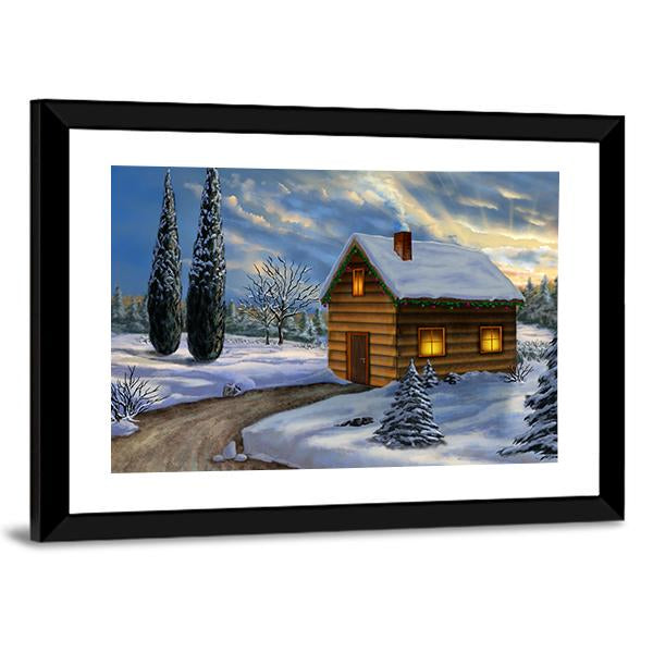 Wooden Cabin In A Snowy Christmas Landscape Canvas Wall Art-3 Horizontal-Gallery Wrap-25" x 16"-Tiaracle