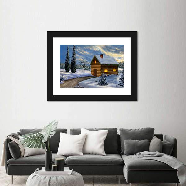 Wooden Cabin In A Snowy Christmas Landscape Canvas Wall Art-3 Horizontal-Gallery Wrap-25&quot; x 16&quot;-Tiaracle