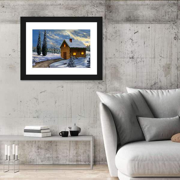 Wooden Cabin In A Snowy Christmas Landscape Canvas Wall Art-3 Horizontal-Gallery Wrap-25&quot; x 16&quot;-Tiaracle