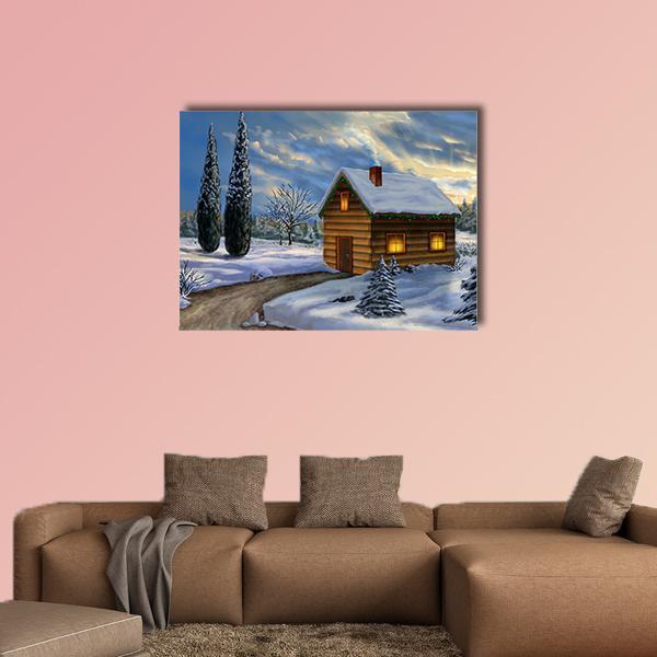 Wooden Cabin In A Snowy Christmas Landscape Canvas Wall Art-1 Piece-Gallery Wrap-48&quot; x 32&quot;-Tiaracle